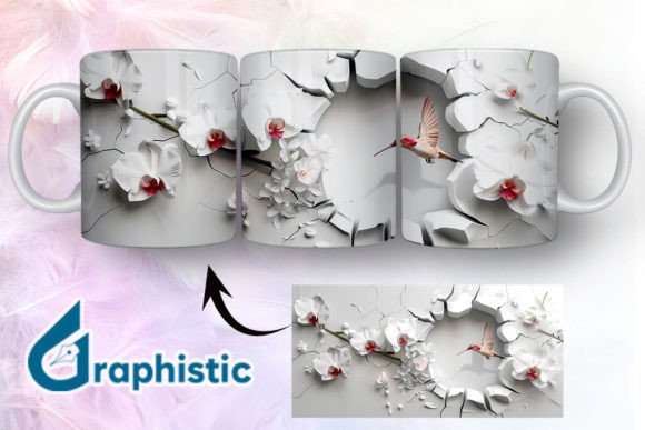 3D Hummingbird Flowers Mug Wrap 02: Graphics & Illustrations
