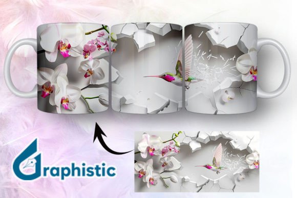 3D Hummingbird Flowers Mug Wrap 06: Graphics & Illustrations