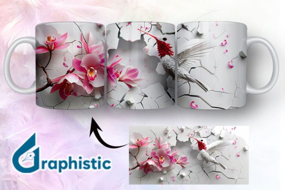 3D Hummingbird Flowers Mug Wrap 09: Graphics & Illustrations