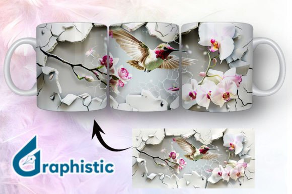 3D Hummingbird Flowers Mug Wrap 13: Graphics & Illustrations