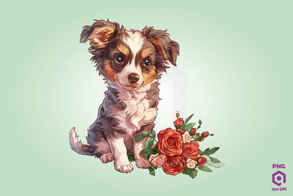 Australian Shepherd Giving Flowers: Graphics & Illustrations