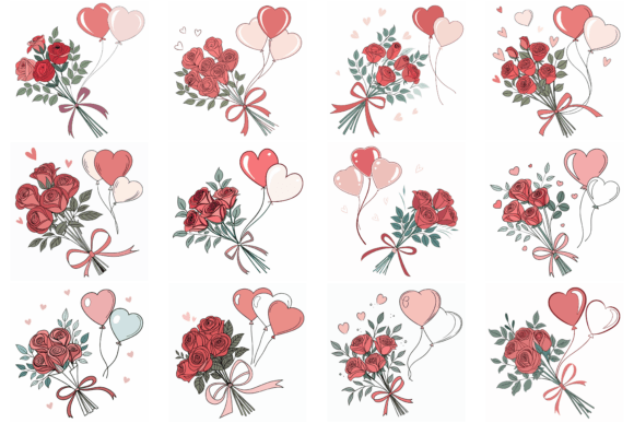 Bouquet of Roses and Heart Balloons: Graphics & Illustrations