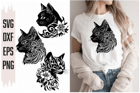 Cat, Cat Head, Pattern, Flowers: Graphics & Illustrations