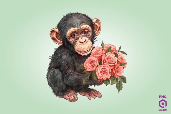 Chimpanzee Giving Flowers: Graphics & Illustrations