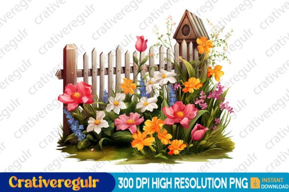 Fence Spring Flowers Clipart: Graphics & Illustrations