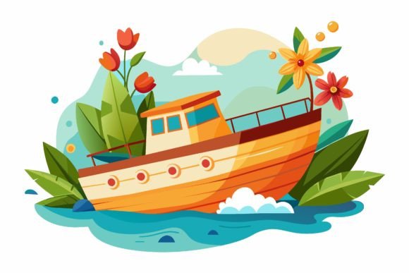 Motorboat Cartoon with Flowers on a: Fresh Graphics & Illustrations