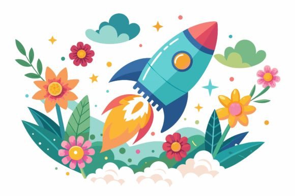 Rocket Sky with Flowers: Graphics & Illustrations