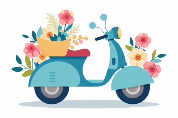 Scooter Cartoon with Flowers: Graphics & Illustrations