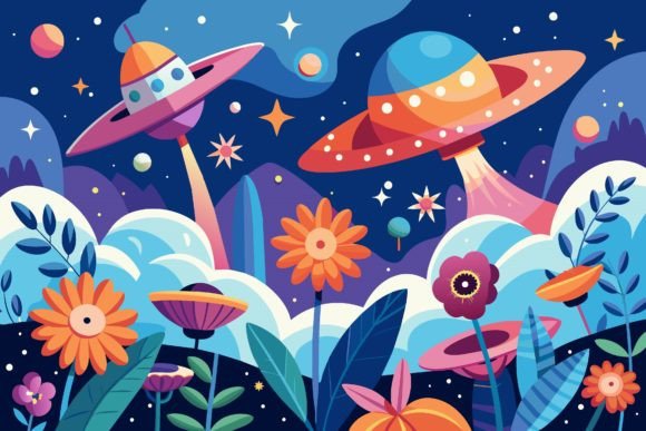 Spaceships Sky with Flowers: Unique Graphics & Illustrations