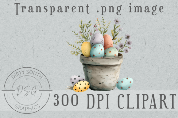 Watercolor Easter Eggs Flowers in Pot: Graphics & Illustrations